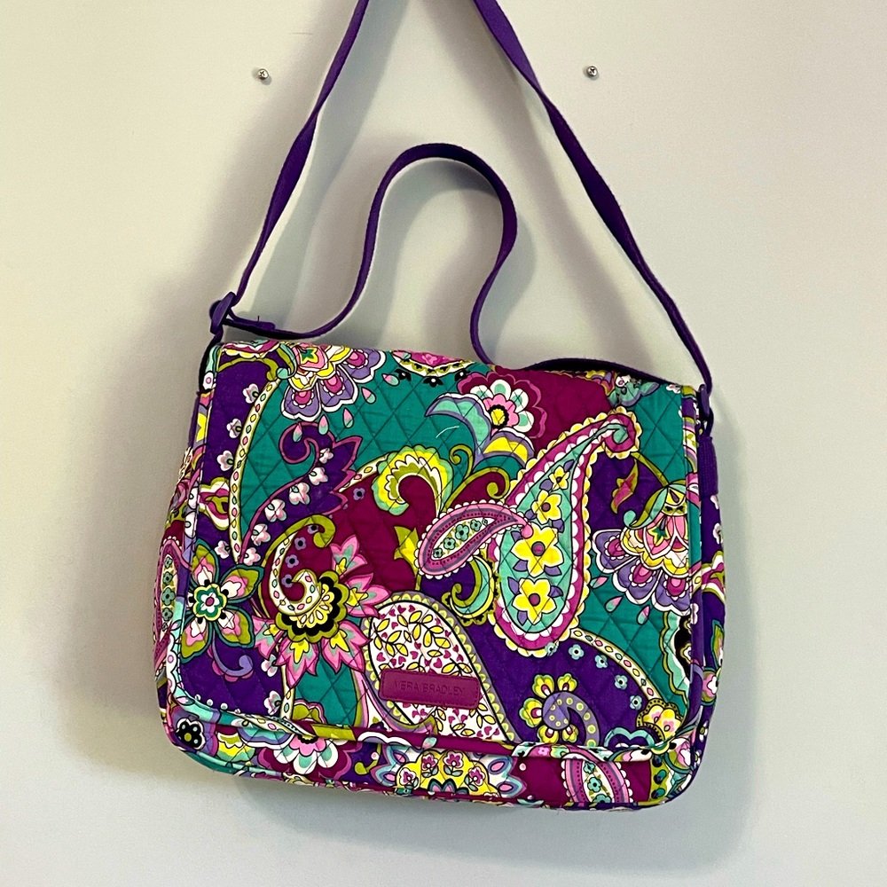 Vera Bradley messenger bag, cross body, and handles. Purple design.
